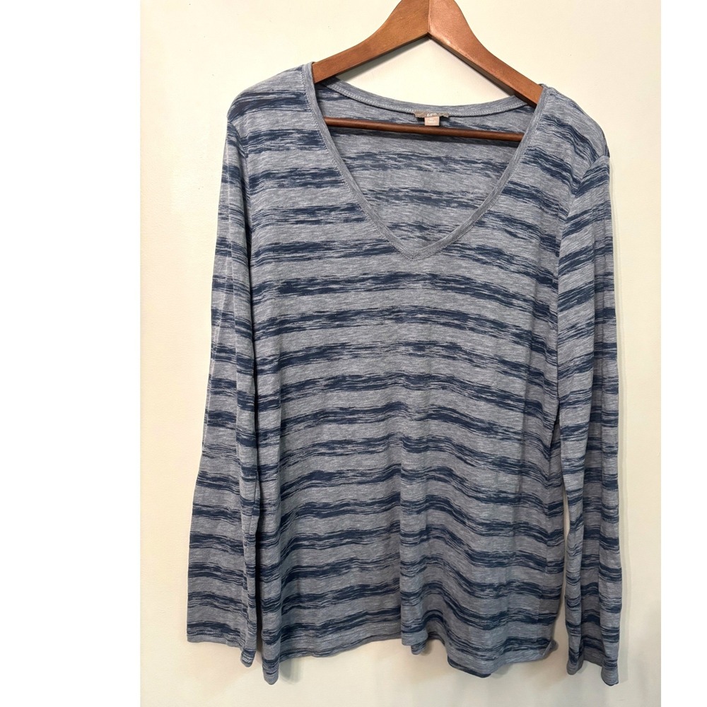 J Jill Womens XL Blue Striped V-Neck Long Sleeve Tee Cotton Blend Top